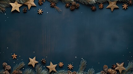 Christmas banner with flat tree branches adorned with pine cones and vintage wooden stars, a blue-toned background to enhance the holiday atmosphere.