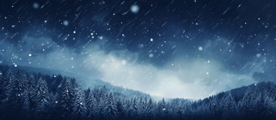 Winter night cozy landscape with snow falling over forest