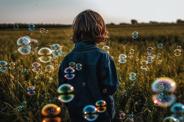 Innocence captured in a moment, a child's joy unfolds in a sunlit field as soap bubbles dance in the air. Ai generated