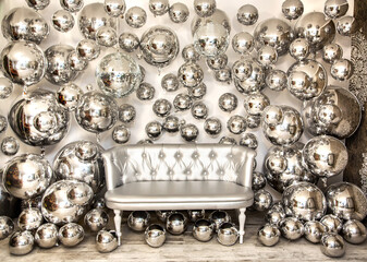 silver christmas balls  and decorations  interior room house celebration New Year's  background desktop wallpaper