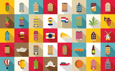 Amsterdam icons set flat vector. Europe house. Street travel city - obrazy, fototapety, plakaty