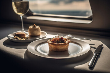  Indulge in exquisite gourmet cuisine aboard a lavish plane, a symphony of flavors with a view from...