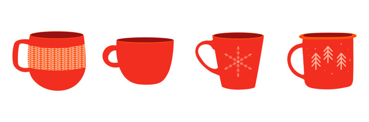 Set of red mugs without drink. Simple silhouette of cups vector illustration