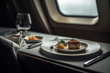  Indulge in exquisite gourmet cuisine aboard a lavish plane, a symphony of flavors with a view from the window. Ai generated
