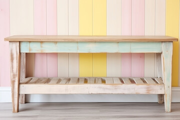 Fototapeta na wymiar Reclaimed wood bench adds warmth to a shabby chic kitchen in pastel colors