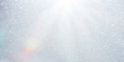 Sunlight passing through snowy sky and creating rainbow reflections, generative AI grey template for winter snowflake background. Snowy backdrop with a sun shining through it.