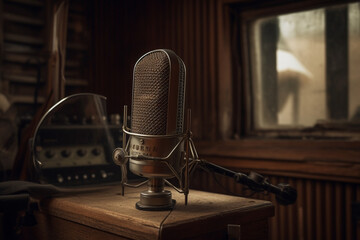 Step into nostalgia with an old vintage classic recording microphone perfect for studio sessions or vintage radio vibes. Ai generated - obrazy, fototapety, plakaty
