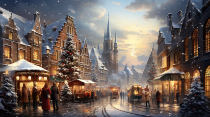 Fototapeta premium Festive Street Market: Cozy Christmas Ambiance with Gorgeous Lights