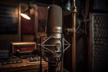 Step into nostalgia with an old vintage classic recording microphone perfect for studio sessions or vintage radio vibes. Ai generated