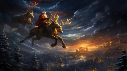 Christmas Eve Journey: Santa Claus Flying with His Reindeer in the Sky