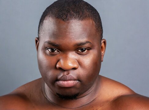 Muscular chubby african american guy shirtless isolated on grey background