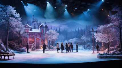 Snowy Christmas Act: Theatrical Play on a Winter Wonderland Stage - obrazy, fototapety, plakaty