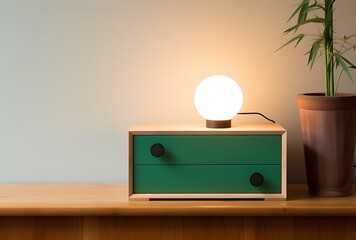 Lamp on a wooden shelf in the room. 3d rendering