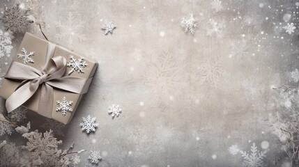 delicate snowflakes and a beautifully wrapped gift placed on a rustic linen background, ample copy space for personalization.