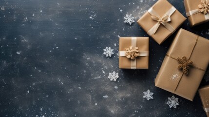 delicate snowflakes and a beautifully wrapped gift placed on a rustic linen background, ample copy space for personalization.