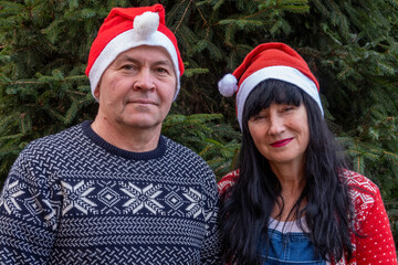 family in santa claus red hats standing near a green Christmas tree. Happy new year merry christmas. Middle aged in their 50th husband and wife wear festive sweater clothes. Old couple wait for winter