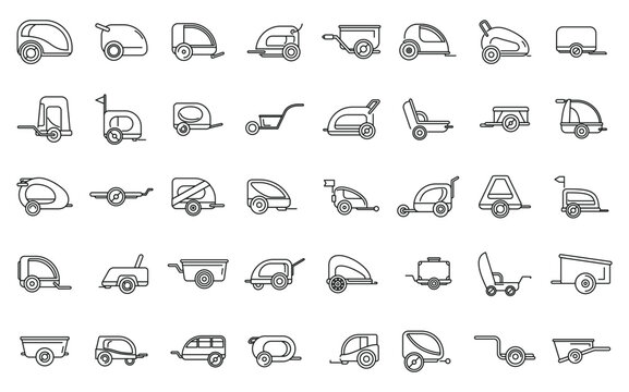 Bike trailer icons set outline vector. Cargo cycle family. Life ride