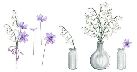 Watercolor flower arrangement with white bouquets of delicate lilies of the valley and delicate lilac Scilla. First spring flowers in glass jar. Primroses the anemones. Design for postcard. - obrazy, fototapety, plakaty