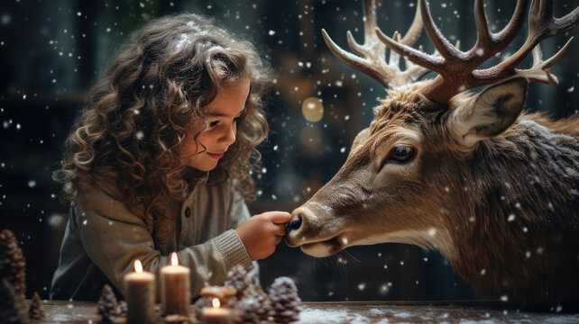  Cute Girl Bonding with Santa's Reindeer in Snowfall