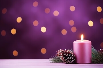 Obraz na płótnie Canvas Christmas - Banner Of 1 candle and xmas ornament, Pine-cones And green Spruce Branches minimal purple background and lights in the back, with empty copy space