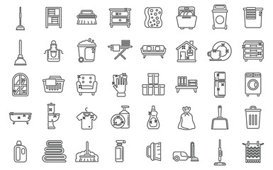 Tidy up icons set outline vector. Furniture room. Clean apartment dirty - obrazy, fototapety, plakaty