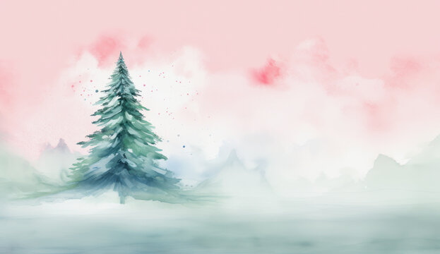 illustration of a light green christmas tree on light pink background with copy space in watercolor style