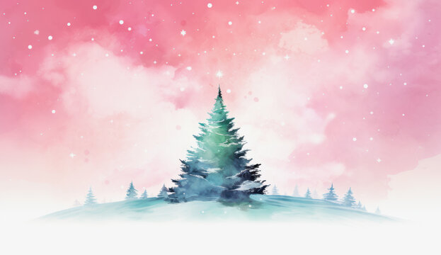 illustration of a light green christmas tree on light pink background with stars and copy space in watercolor style