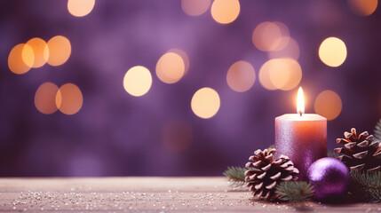Fototapeta na wymiar Christmas - Banner Of 1 candle and xmas ornament, Pine-cones And green Spruce Branches minimal purple background and lights in the back, with empty copy space