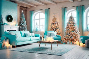 Christmas and New Year interior living room concept, home style with in light blue tones.