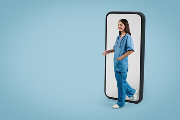 Female nurse greets from phone's large screen