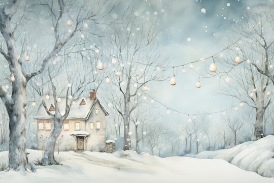 Digital paintings winter landscape, house in the forest. Artwork, fine art.