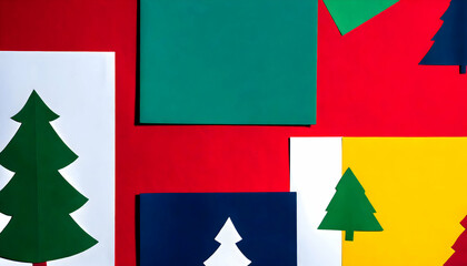 abstract paper style christmas background with xmas green trees. red, yellow, white and blue figures