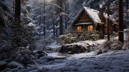 a cozy cabin nestled in the heart of a snowy forest, the serene ambiance and offer a visual retreat into the snowy woods.