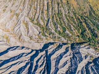 Aerial landscape view of the Bromo, an active volcano in Tengger Semeru National Park in East Java, Indonesia.