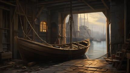 Wooden boat housed in a rustic boathouse overlooking a tranquil harbor.