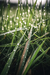 Green grass with drops of rain or dew. Close-up, shallow depth of field, bokeh.