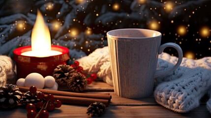 Obraz na płótnie Canvas a mug filled with steaming hot drink adorned with marshmallows, with seasonal elements like a candle, cinnamon, anise, pine cones, and a red knitted scarf on a serene beige canvas,