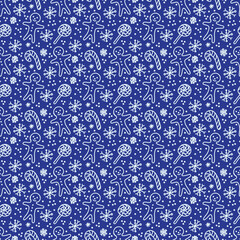 Christmas pattern in doodle style. White line on a dark blue background. Vector illustration.