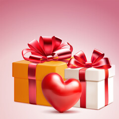 Valentine's day illustration with big red heart and two colored gift boxes with ribbons and bows
