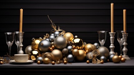 Naklejka premium Christmas gold and silver decorations arranged against a dark black background, flat design principles to create a visually striking and sophisticated composition.