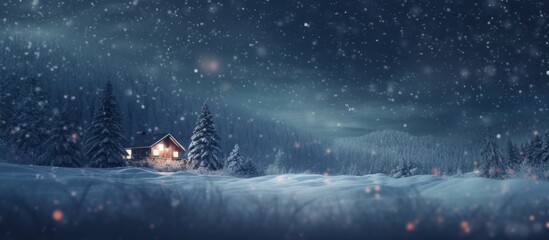 Cosy snowy winter night landscape with lonely house in the mountains and forest
