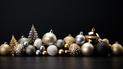 Fototapeta premium Christmas gold and silver decorations arranged against a dark black background, flat design principles to create a visually striking and sophisticated composition.
