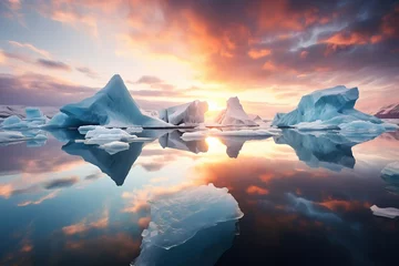 Foto op Aluminium Icebergs and ice floes on the water at sunset, stunning polar landscape © Cheport