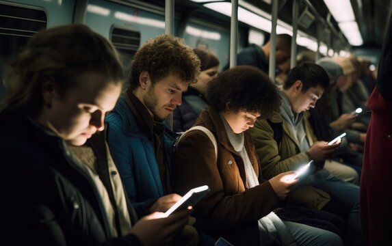 Train cabin during a rush hour full of people where everybody looking down on their highlighted cellphone screens
