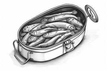 Black and white illustration of sardine can. Generative AI