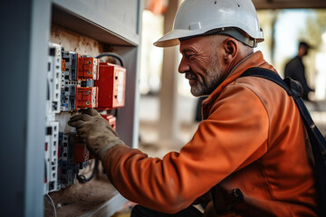 electrician working in a power station in a factory. installation of sockets and switches. Professional in overalls with an electrician's tool