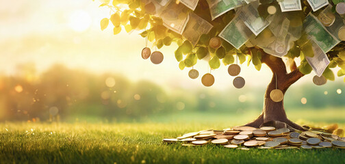 albero con banconote e monete che pendono dai rami frondosi, sfondo con tramonto su verdi prati - obrazy, fototapety, plakaty