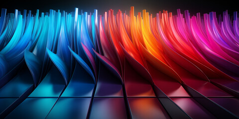 Viele wunderschöne bunte leuchtende Elemente in Neon Farben als Hintergundmotiv im Querformat für Banner, ai generativ