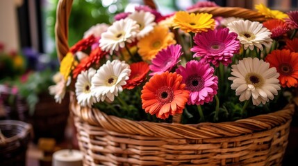 Obraz na płótnie Canvas Colorful gerbera flowers in a basket on the table. Springtime Concept. Valentine's Day Concept with a Copy Space. Mother's Day