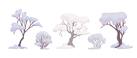 Winter snow-covered trees and bushes. Seasonal elements for decor and landscapes. Vector graphics.